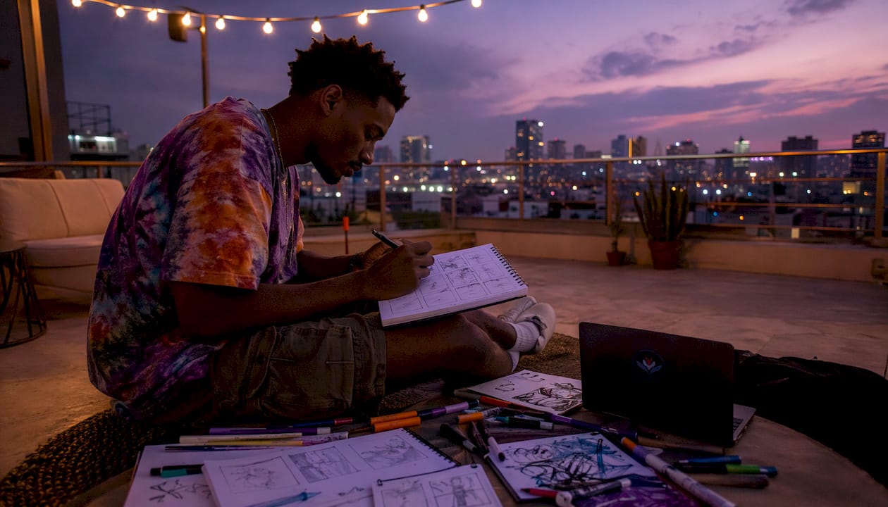 Filmmaker reviewing psychedelic storyboards in studio