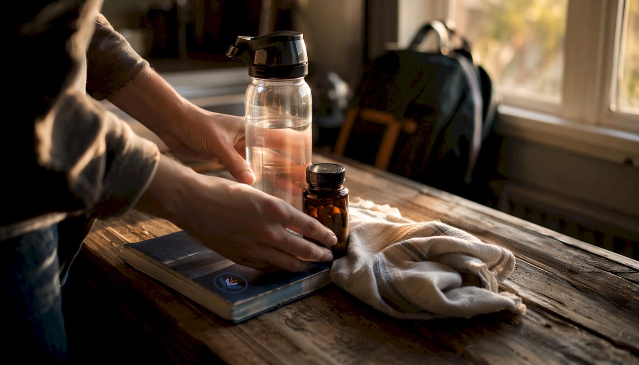 Hands arranging hydration and vitamins at bedside