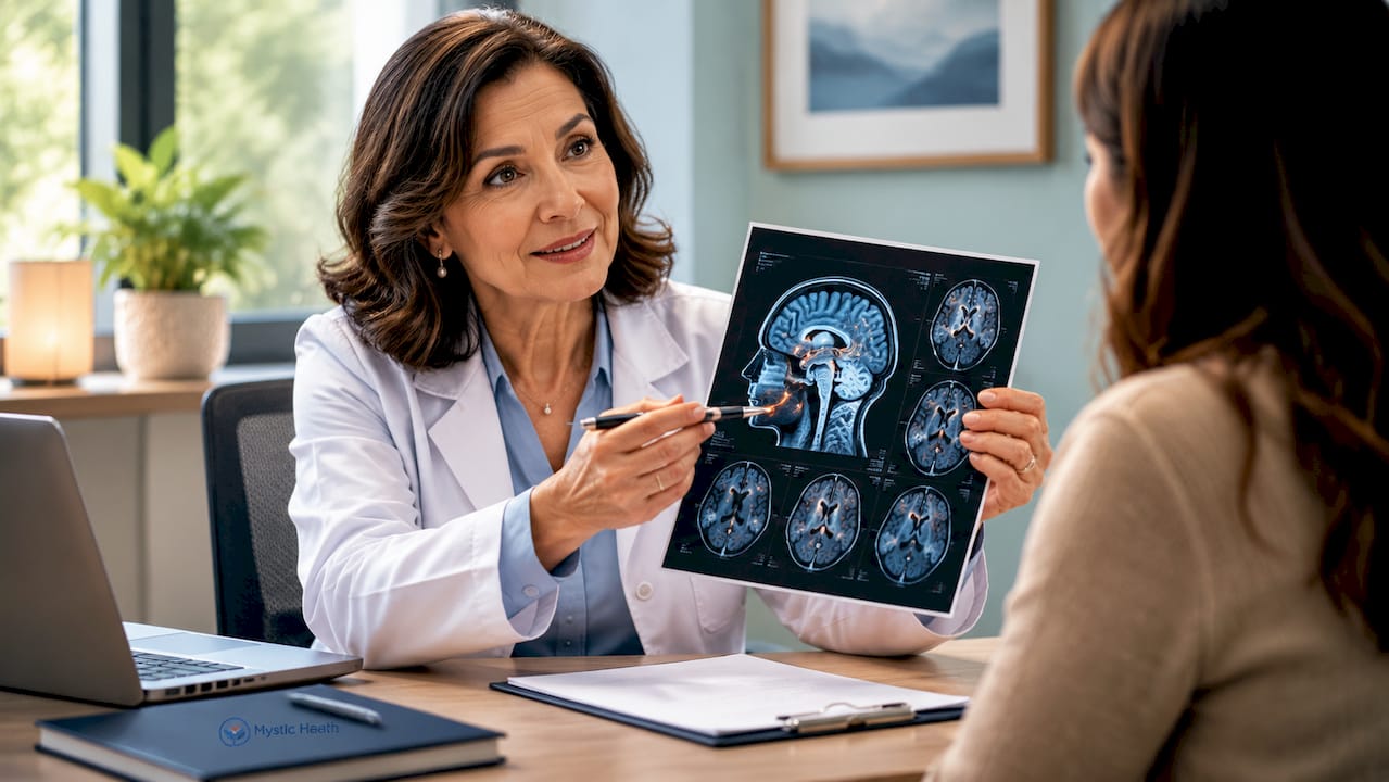 Neurologist reviewing brain scans in clinic