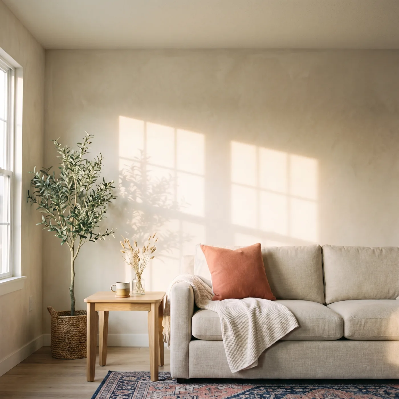 A linen sofa with a coral cushion and a knit throw in late afternoon light
