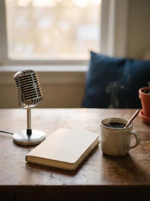 A studio microphone on a desk beside a notebook and a cup of coffee
