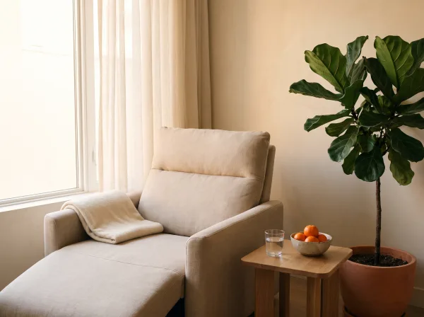 A reclining chair with a folded blanket beside a tall plant in warm light